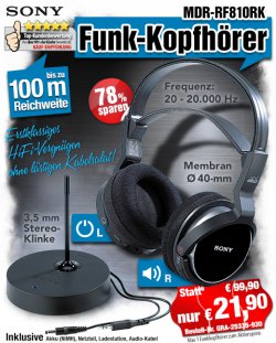 Sony Funkkopfhörer MDR-RF810RK für 21,90 € (statt 99,90 €) @ pearl + Gratisartikel